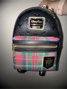 VIP Loungefly Black Embossed Mickey & Red Green Plaid Mini Backpack
